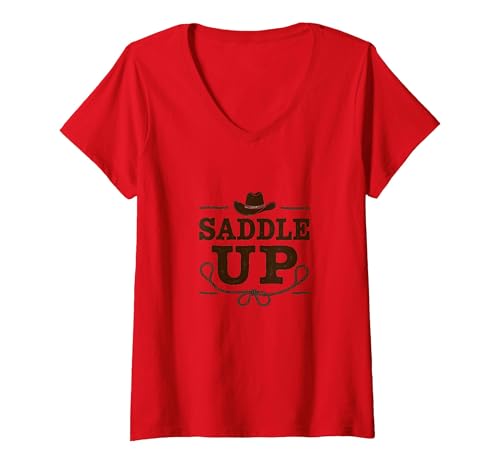 Westernsattel für Mädchen, Cowgirl, Rodeo-Abenteuer T-Shirt mit V-Ausschnitt, Damen, Rot, S von Generic