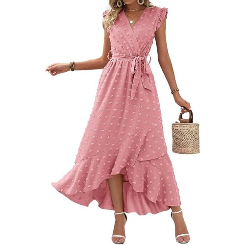 Wickelkleid Damen, Sommerkleid Damen Freizeitkleider A Linie Vokuhila Kleid mit Gürtel Elegant V Ausschnitt Wickelkleid Kurzarm Wrapkleider Schlitz Maxikleid für Strand M A Light pink von Generic