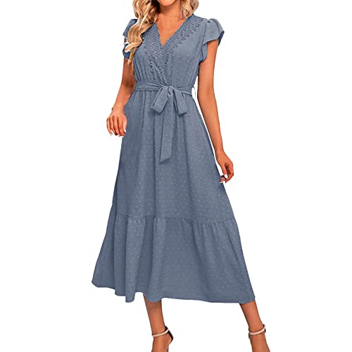 Wickelkleid Damen Winter Damen Sommer Bohemian Casual Wickelkleid mit V-Ausschnitt, Rüschenkappe, ärmelloser Gürtel, A-Linie, Faltensaum, Swing, Midi-Sonnenkleid Vorne Kurz Hinten Kleid Damen von Generic