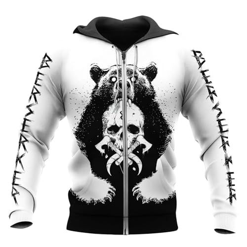 Wikinger Bär Tattoo Langarm Sweatshirt Für Herren 3D Allover Bedrucktes Nordischer Berserker Hoodie Retro Street Jacke Kapuzenpullover(Berserker Zipper,XXL) von Generic