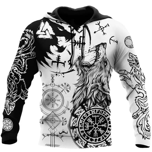 Wikinger-Drachen-Amulett Hoodie Herren Casual Langarm Sweatshirt 3D-Druck Nordische Wolf Tattoo Pullover Kapuzen Sweatjacke Mittelalter Unisex Basic Kapuzenpullover Mit Reißverschluss(Viking Tattoo,S) von Generic