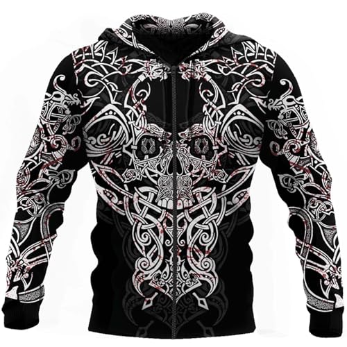 Wikinger-Drachen-Amulett Hoodie Herren Casual Langarm Sweatshirt 3D-Druck Nordische Wolf Tattoo Pullover Kapuzen Sweatjacke Mittelalter Unisex Basic Kapuzenpullover Mit Reißverschluss(Zip Blood Mjölni von Generic
