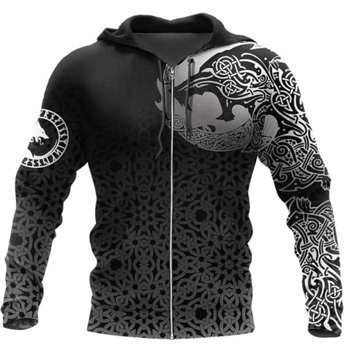 Wikinger-Drachen-Amulett Hoodie Herren Casual Langarm Sweatshirt 3D-Druck Nordische Wolf Tattoo Pullover Kapuzen Sweatjacke Mittelalter Unisex Basic Kapuzenpullover Mit Reißverschluss(Zip Fenrir Wolf, von Generic