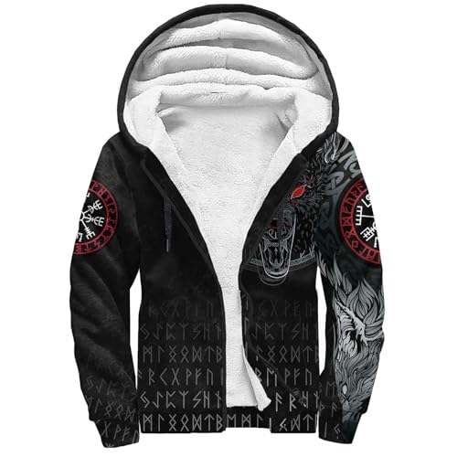 Wikinger-Drachen-Tattoo Herren Kapuzenjacke mit Fleecefutter, 3D-Druck Zip Hoodies Verdickte Langarm Kapuzenpullover, Mittelalter Fenrir Wolf Sweatjacke Winter Warm Hooded Sweatshirt mit Tasche(Angry von Generic