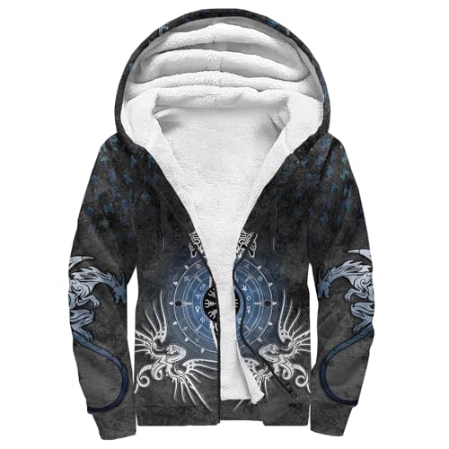 Wikinger-Drachen-Tattoo Kapuzenpullover Herren 3D-Druck Fenrir Wolf Winter Warm Hoodies mit Reißverschluss, Fleece Innenseite Kapuzenjacke Dicke Sweatjacke Mit Kapuze(Aegishjalmur,5XL) von Generic