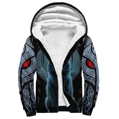 Wikinger-Drachen-Tattoo Kapuzenpullover Herren 3D-Druck Fenrir Wolf Winter Warm Hoodies mit Reißverschluss, Fleece Innenseite Kapuzenjacke Dicke Sweatjacke Mit Kapuze(Fenrir Wolf,4XL) von Generic