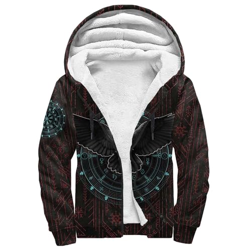 Wikinger-Drachen-Tattoo Kapuzenpullover Herren 3D-Druck Fenrir Wolf Winter Warm Hoodies mit Reißverschluss, Fleece Innenseite Kapuzenjacke Dicke Sweatjacke Mit Kapuze(Raven,XXL) von Generic