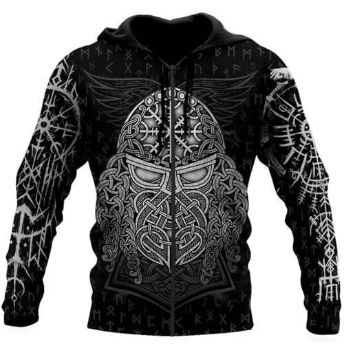 Wikinger Fenrir Odin Tattoo Herren Hoodie Langarm Pullover Sweatshirt 3D-Druck Vintage Street Sweatjacke Mittelalter Zip Kapuzenpullover(Zip God Odin,S) von Generic