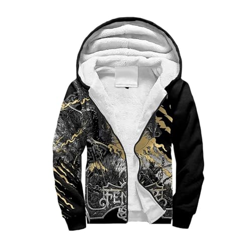 Wikinger Fenrir Wolf Herren Winterjacke, 3D Printed Ragnarök Dicke Warme Sherpa-Futter Parka, Mittelalter Langarm Reißverschluss Hoodie Mantel, Mode Winddichte Umhang, Großartig für kaltes Wetter(Zip von Generic