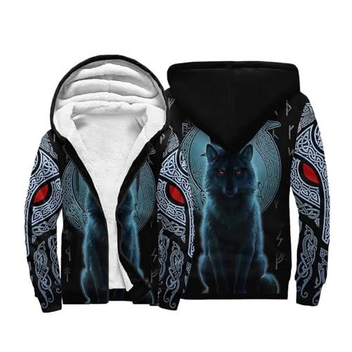 Wikinger Herren Jacke, 3D Printed Odin Fenrir Wolf Rabe Nordisch Tattoo, Warme Reißverschluss Fleece Hoodie, Winter Dicke Winddichte Sherpa-Futter Mantel, EIN Muss Für Viking-Fans(Nordic Wolf,XL) von Generic