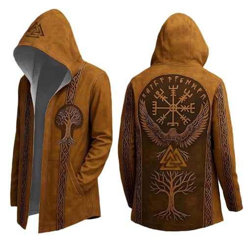 Wikinger Kapuzenpulli Herren Mittellang Frühling Herbst Strickjacke Cosplay Kostüm Mit Kapuze 3D Gedruckt Cooler Mantel Biker Jacke Sweatshirt Sweatjacke Freizeitjacke Motorradjacke von Generic