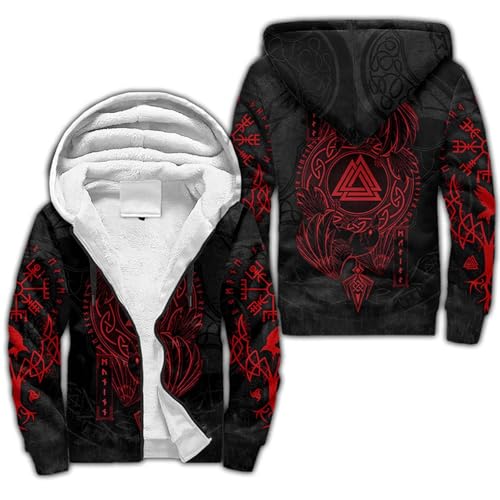 Wikinger Kostüm Kapuzenpullover Herren, Men's Zip Hoodie Dicker Pullover Sweater Sweatjacke 3D-Druck Nordisches Fleece Kapuzenjacke Casual Wärme Kapuzenpulli Sweatshirt Norwegen Geschenke(Valknut Rave von Generic