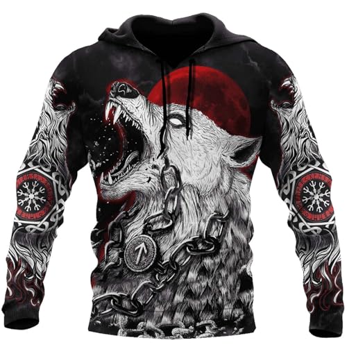 Wikinger-Krieger Langarm Sport Hooded Jacket 3D-Druck Nordische Mythologie Tattoo Premium Kapuzenpullover Herren Casual Hoody Hoodie Unisex Pullover Sweatshirt(Fenrir,S) von Generic