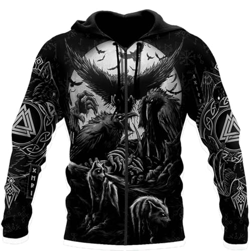 Wikinger-Krieger Langarm Sport Hooded Jacket 3D-Druck Nordische Mythologie Tattoo Premium Kapuzenpullover Herren Casual Hoody Hoodie Unisex Pullover Sweatshirt(Zip Ragnarok,3XL) von Generic
