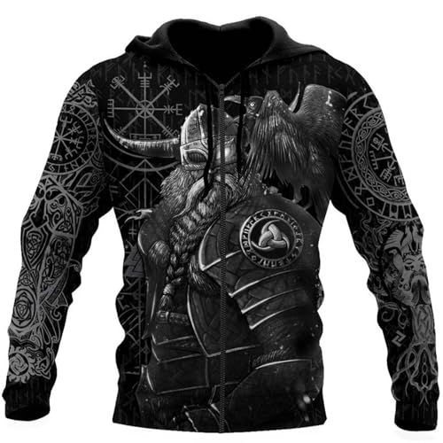 Wikinger-Krieger Langarm Sport Hooded Jacket 3D-Druck Nordische Mythologie Tattoo Premium Kapuzenpullover Herren Casual Hoody Hoodie Unisex Pullover Sweatshirt(Zip Viking Warrior,S) von Generic