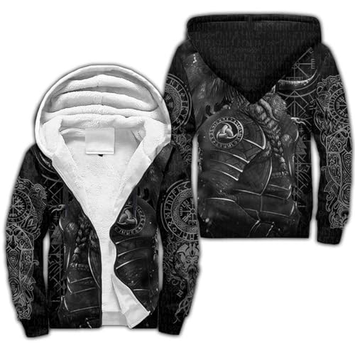 Wikinger-Krieger Odin Rabe Hoodies Herren Kapuzenpullover mit Reißverschluss 3D-Druck Mjölnir Langarm Kapuzenjacke Fenrir Tattoo Winter Warm Fleece-Innenseite Hoodie Plus Dicke Sweatjacke(Berserker,3X von Generic