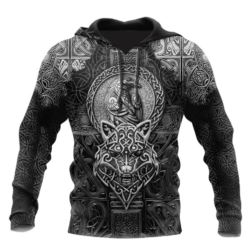 Wikinger Odin Tattoo Langarm Sweatshirt Für Herren 3D Allover Bedrucktes Nordische Mythologie Amulett Hoodie Retro Street Jacke Kapuzenpullover(Fenrir Hoodie,L) von Generic