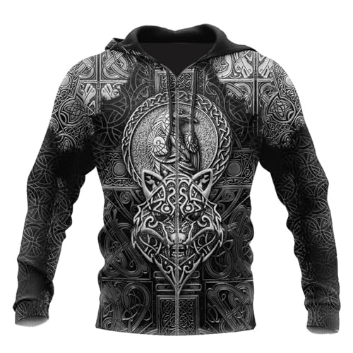 Wikinger Odin Tattoo Langarm Sweatshirt Für Herren 3D Allover Bedrucktes Nordische Mythologie Amulett Hoodie Retro Street Jacke Kapuzenpullover(Fenrir Zip,XL) von Generic