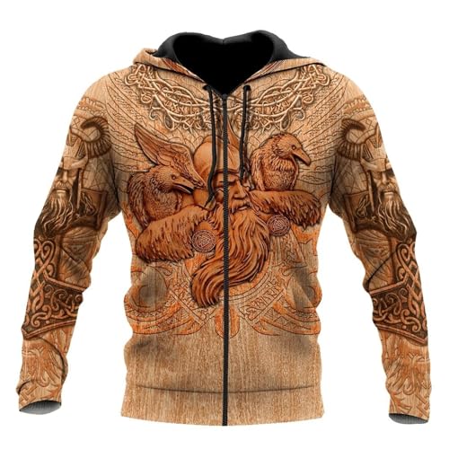 Wikinger Odin Tattoo Langarm Sweatshirt Für Herren 3D Allover Bedrucktes Nordische Mythologie Amulett Hoodie Retro Street Jacke Kapuzenpullover(Odin Raven Zip,L) von Generic