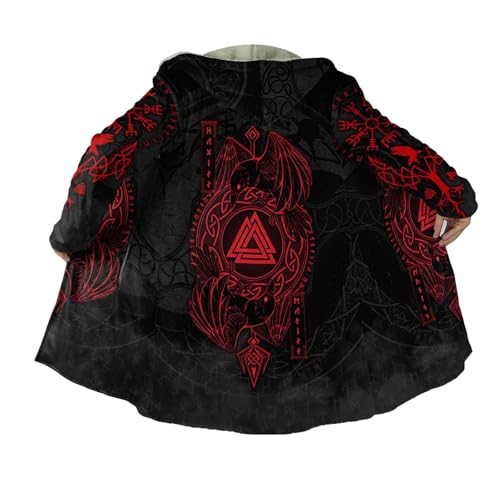 Wikinger Odins Rabe Tattoo Herren Kunstkaschmir Kapuzenmantel Nordische Fenrir Mittelalter Umhang Mit Kapuze Wärmende Winterjacke(Raven Valknut,5XL) von Generic