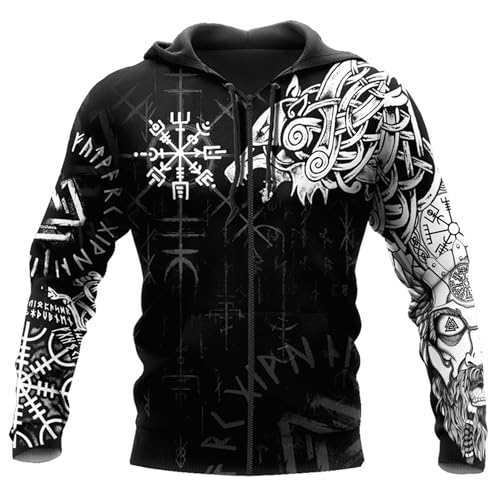 Wikinger Tattoo Kapuzenpulli Mit Reißverschluss Odin Rabe Leichte Jacke Für Männer Langärmeliges Sweatshirt Fenrir Wolf Amulett Lässiger Pullover Hoodie(Zip Vegvisir Fenrir Hoodie,4XL) von Generic