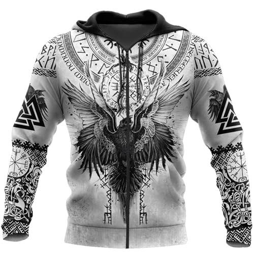 Wikinger Tattoo Kapuzenpulli Mit Reißverschluss Odin Rabe Leichte Jacke Für Männer Langärmeliges Sweatshirt Fenrir Wolf Amulett Lässiger Pullover Hoodie(Zip Vegvisir Raven Hoodie,XXL) von Generic