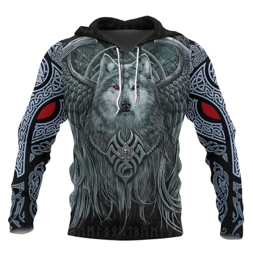 Wikinger Tattoo Langarm Sweatshirt Für Herren 3D Druck Nordische Mythologie Streetwear Casual Hoodie Skandinavische Kleidung Viking Geschenke für Männer(Fenrir Hoodie,S) von Generic