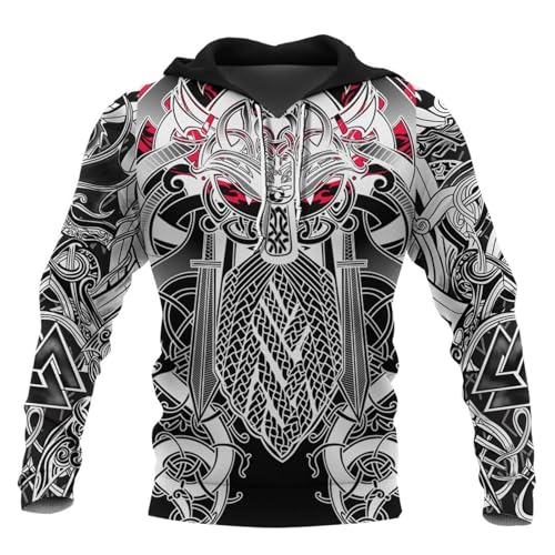 Wikinger Tattoo Langarm Sweatshirt Für Herren 3D Druck Nordische Mythologie Streetwear Casual Hoodie Skandinavische Kleidung Viking Geschenke für Männer(Odin God Hoodie,L) von Generic