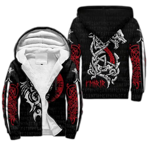Wikinger Tattoo Mjölnir Kapuzenpulli Mit Reißverschluss Nordische Mythologie Winterjacken Für Männer Fenrir Wolf Odins Rabe Lässige Kaschmir Oberbekleidung(G Viking Print Hoodie,5XL) von Generic