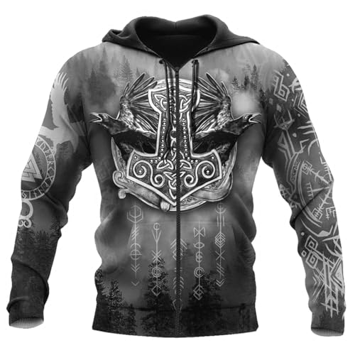 Wikinger Tattoo Odin Rabe Hoodie Herren Langarm Pullover Sweatshirt 3D-Druck Mjölnir Kapuzenpulli Mit Reißverschluss Nordische Mythologie Style Jacket Streetwear(Zip Raven Mjölnir,S) von Generic