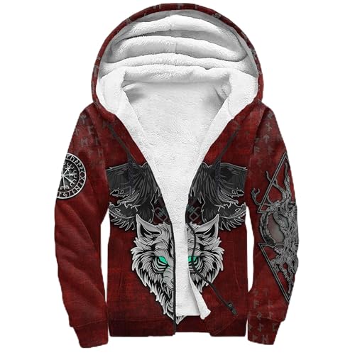 Wikinger übergangsjacke Herren, 3D Printed Fenrir Wolf Rabe Nordisch Tattoo, Warme Reißverschluss Fleece Hoodie, Winter Dicke Winddichte Sherpa-Futter Mantel, Verkörpern Sie Den Geist Der Viking(Wolf von Generic