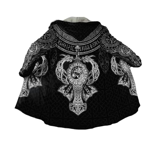Wikinger Valknut Tattoo Fleecejacke Herren, 3D Druck Nordisch Vegvisir Mode Lässige Sherpa Futter Parka, Morgenmantel Bademantel Herren,Freizeitkleidung aus der Vikingzeit(A,XL) von Generic