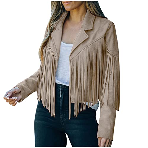 Wildleder Jacke FüR Damen Kurz Jacke Damen FrüHling Elegant üBergangsjacke Langarm Leichte Sommerjacke Kurze Wildlederjacke Mit Fransen Blazer Fransenjacke Bikerjacke Vintage Bomberjacke von Generic