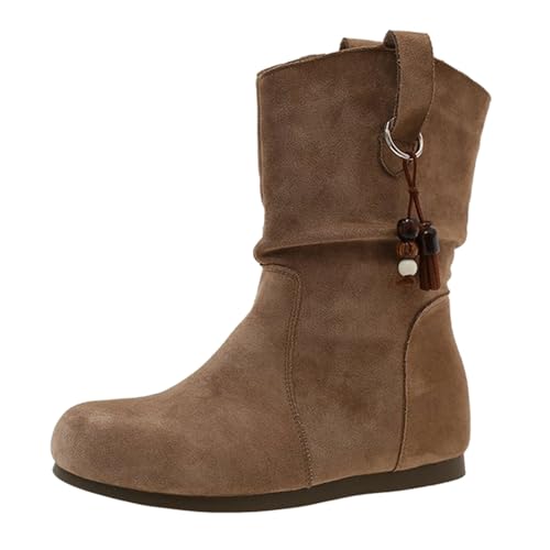 Wildleder Stiefel Damen Flach - Stiefeletten Damen Herbst Ohne Absatz Winterstiefel Kurzschaft Cowboystiefel Rundzehe Schlupfstiefel Weich Bequem Damenstiefel Wadenhoch Westernstiefel von Generic