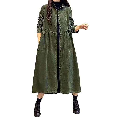 Winter Damen Jacke Einfache Mäntel für Damen, einfarbig, langärmelig, Cord, Inspiration, dicke, faltige Mäntel in Übergröße Hemdkleid Damen Langarm (Green, L) von Generic