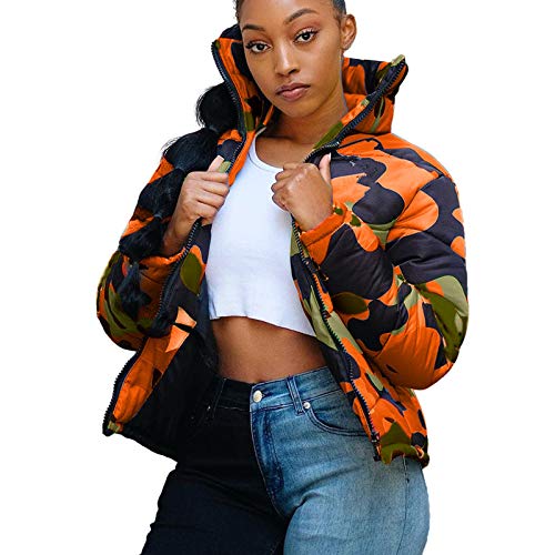 Winter Damen Jacke Unisex Langarm Glossy Camouflage Brot Daunenjacke Reißverschlusstaschen Mantel Echt Lammfell Mantel Damen (Orange, XXXXL) von Generic