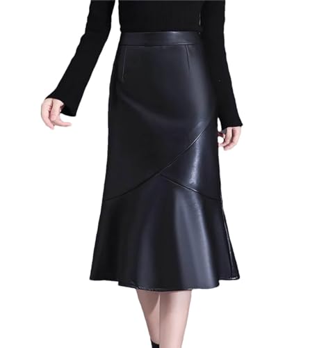 Winter PU Leder Rock Frauen Mid-Lange Casual Rüschen Meerjungfrau Rock Hohe Taille Rock von Generic
