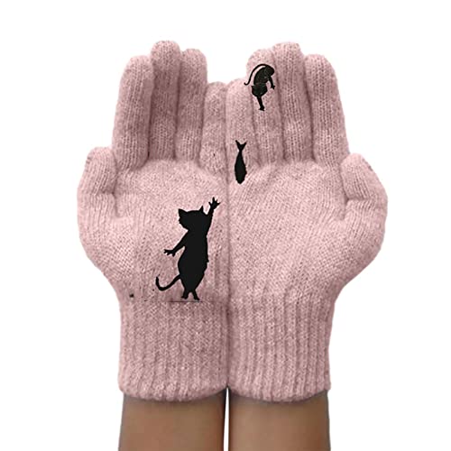 Winter-Strickhandschuhe – bequeme, dicke, warme Handschuhe für Männer und Frauen – lustige Katze will Fisch Nähte Druck Vollfinger Winter Outdoor Thermohandschuh Znet-au von Generic