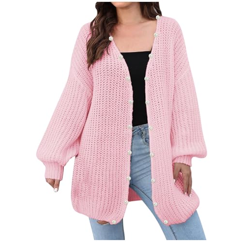 Winter Strickjacke Damen Frauen Verdickt Warme Open Front Sweater Lange Ärmel Lockere Passform Cardigan V-Ausschnitt Leichte Strickcardigan Modische Einfarbig Strickjacke Female Cardigans von Generic