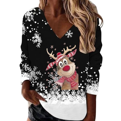 Winter Weihnachtsbluse Vintage Damen| Baumwoll Oberteile Lustiges mit Weihnachtsmotiv Frauen- Weihnachtsshirt Damen V Ausschnitt Langarm Pullover Große Größen Langarmshirt Merry Christmas Hemdbluse von Generic