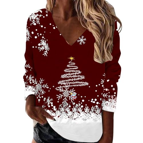Winter Weihnachtsbluse Vintage Damen| Baumwoll Oberteile Lustiges mit Weihnachtsmotiv Frauen- Weihnachtsshirt Damen V Ausschnitt Langarm Pullover Große Größen Langarmshirt Merry Christmas Hemdbluse von Generic