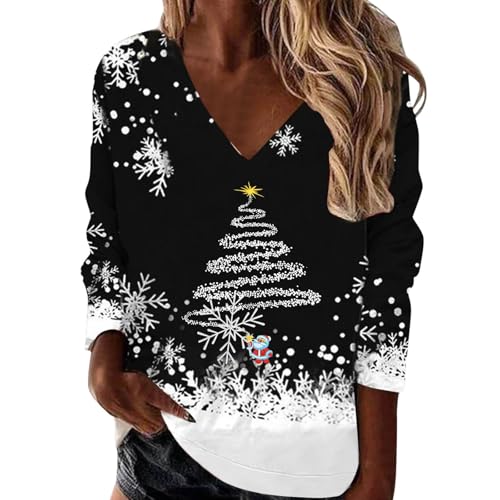 Winter Weihnachtsbluse Vintage Damen| Baumwoll Oberteile Lustiges mit Weihnachtsmotiv Frauen- Weihnachtsshirt Damen V Ausschnitt Langarm Pullover Große Größen Langarmshirt Merry Christmas Hemdbluse von Generic