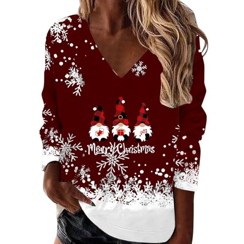 Winter Weihnachtsbluse Vintage Damen| Baumwoll Oberteile Lustiges mit Weihnachtsmotiv Frauen- Weihnachtsshirt Damen V Ausschnitt Langarm Pullover Große Größen Langarmshirt Merry Christmas Hemdbluse von Generic
