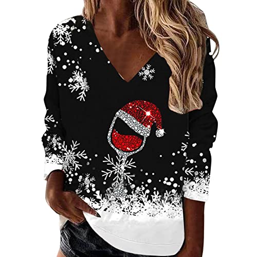 Winter Weihnachtsbluse Vintage Damen| Baumwoll Oberteile Lustiges mit Weinglas Muster Frauen- Weihnachtsshirt Damen V Ausschnitt Langarm Pullover Große Größe Langarmshirt Merry Christmas Hemdbluse von Generic