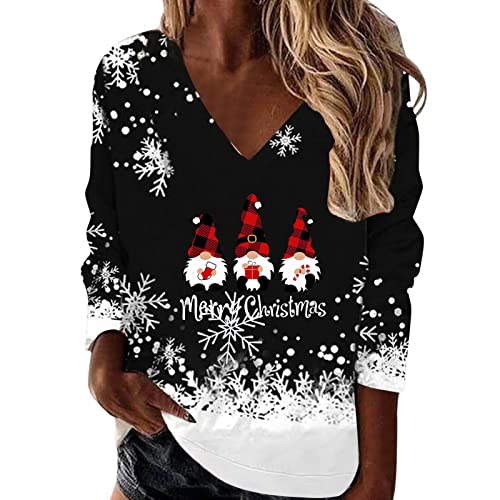 Winter Weihnachtsbluse Vintage Damen| Baumwoll Oberteile Lustiges mit Weinglas Muster Frauen- Weihnachtsshirt Damen V Ausschnitt Langarm Pullover Große Größe Langarmshirt Merry Christmas Hemdbluse von Generic