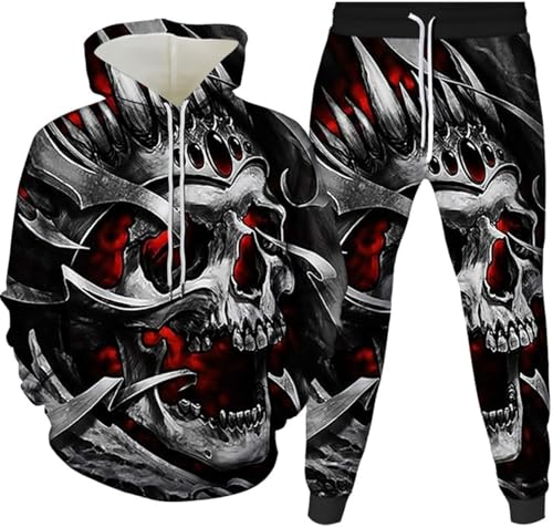 Winteranzug Totenkopf Herren 3D Kapuzenpullover Zweiteiliges Set Skull Pattern Hoodie und Hose Herren Trainingsanzug Jogginganzug (2,XL) von Generic