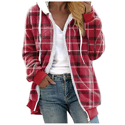 Winterjacke Damen, Fleecejacke Damen Teddy Fleece Jacke Kariert Warm Kapuzenpullover Full Zip Sweatshirt Winter Flauschig Plüschjacke mit Taschen Fleecejacke Wintermantel Plüschmantel von Generic