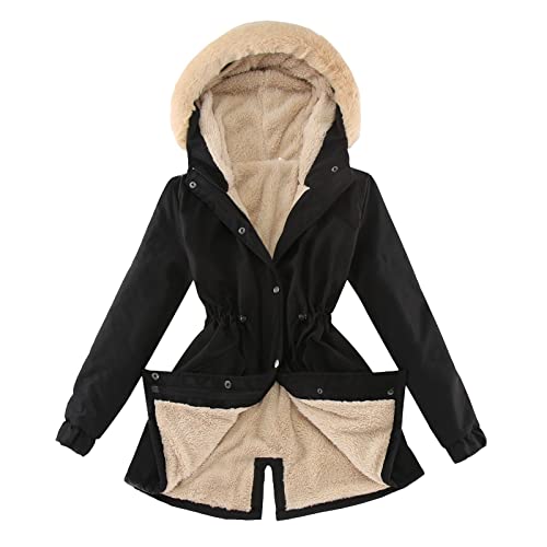 Winterjacke Damen, Fleecejacke Damen Warme Winter Jacke Lange Wintermantel mit Kapuze Einfarbig Windbreaker Gefüttert Teddyfell Dicker Winterparka Mantel Große Größen Ubergangsjacke von Generic