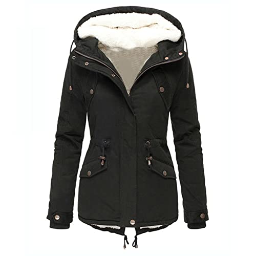 Winterjacke Damen, Lang Wintermantel Damen Warm Gefüttert Winter Parka Jacke Mantel übergangsjacke Fleece Dicke Einfarbig Winterjacke mit Fellkapuze Outdoor Lässig Steppjacke Fleecejacke von Generic