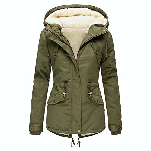 Winterjacke Damen, Lang Wintermantel Damen Warm Gefüttert Winter Parka Jacke Mantel übergangsjacke Fleece Dicke Einfarbig Winterjacke mit Fellkapuze Outdoor Warme Steppjacke Fleecejacke von Generic